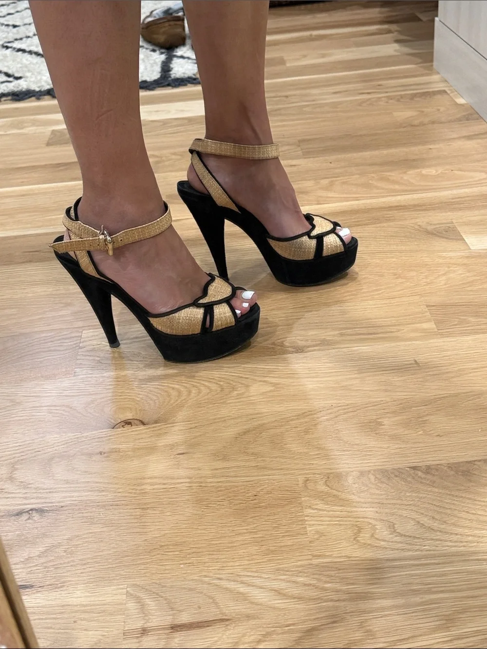 Authentic Fendi Beige Straw & Black Suede Ankle Strap Platform Sandals | Sz: 8